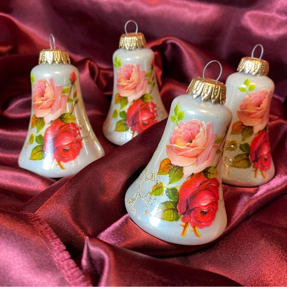 4 Krebs Glass Bell Ornaments with Victorian Roses & Glitter Scrolling Vintage - Picture 3 of 6